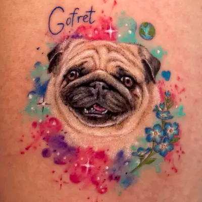 Gofret — köpek portre dövmesi (renk ve çiçek), Merve Şengün