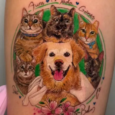 Balım & dostları — köpek ve kedi portre dövmesi (aile portresi), Merve Şengün